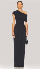 Off Shoulder Pleated Maxi Dress In Black