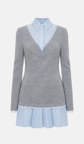 Shirt With Imitation Lace Decor Mini Dress In Grey