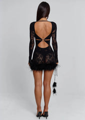 Lace Cut Out Mini Dress With Feather Trim