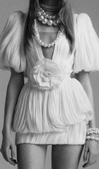 V Neck 3D Floral Pleated Mini Dress