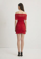 Slinky And Mesh Off Shoulder Mini Dress In Ruby