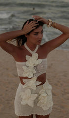 Knitted Flowers Hollow Out Mini Dress In White/Black