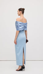 Off Shoulder Draped Satin Maxi Dress