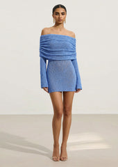 Off Shoulder Boucle Knit Mini Dress In Blue