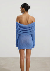 Off Shoulder Boucle Knit Mini Dress In Blue