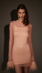 Sheer Rhinestone Mini Dress in Pink