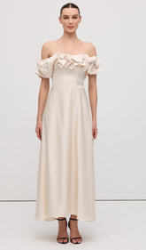 Off Shoulder Ruffle Satin Midi Dress