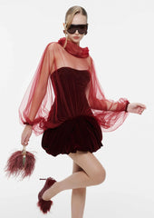 Velvet Panelled Cape Mini Dress In Red