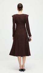 Long Sleeve Smocking Shoulder Midi Dress In Coffee