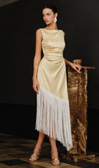Satin Asymmetric Fringe Hem Midi Dress