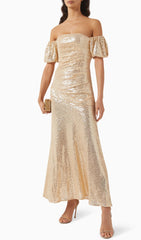 Off Shoulder Stretch Sequin Maxi Dress In Gold