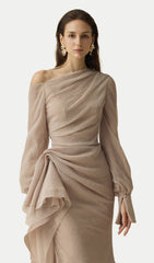 Asymmetric Neck Draped Midi Dress