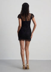Ruched Mini Dress In Black Lace