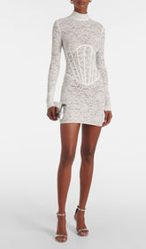 Mockneck Lace Mini Dress In White