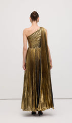 Pleated Metallic One Shoulder Maxi Dress