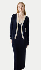V Neck Color-Blocked Dress & Cardigan Set