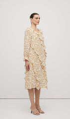 Floral V Neck Ruffled Midi Dress