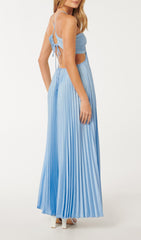 Solid Cut Out Tie Back Plisse Maxi Dress