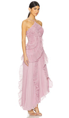 Asymmetry Ruffled Halter Maxi Dress