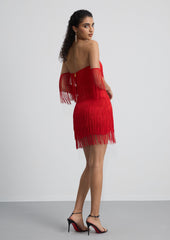 Off Shoulder Fringe Trim Mini Dress