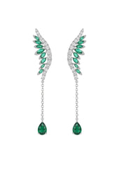 Green Crystal & Silvertone Wings Earrings