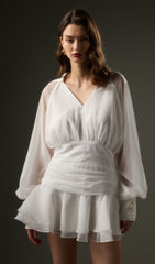 Solid Lantern Sleeve Mini Dress In White