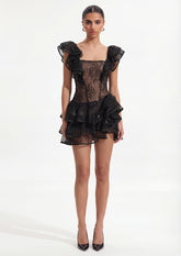 Sequined Lace Mini Dress With Ruffles