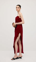 Petal Strapless Velvet Maxi Dress In Red