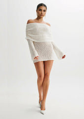 Off Shoulder Boucle Knit Mini Dress In Ivory