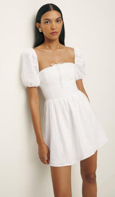 White Puff Sleeves Linen Mini Dress