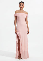 Off Shoulder Mesh Maxi Dress In Pale Pink
