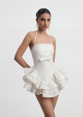 Ruffled Satin Corset Mini Dress In White
