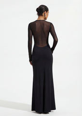 Slinky And Mesh Long Sleeve Maxi Dress In Black