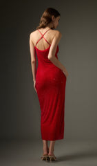 Diamante Ruched Midi Dress In Red