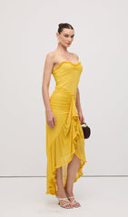 Mesh Ruffled Front Gown Maxi Dress Yellow