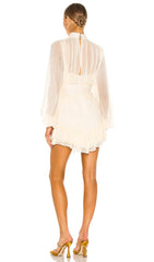Puff Sleeve Ruched Ruffle Mesh Mini Dress