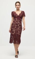 Burgundy Floral Lace Midi Dress