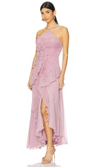 Asymmetry Ruffled Halter Maxi Dress