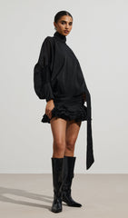 High Neck Tiered Mini Dress In Black