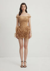 Off Shoulder Ruffled Mesh Mini Dress