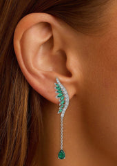 Green Crystal & Silvertone Wings Earrings