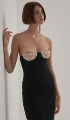 Strapless Crystal Embellished Crepe Midi Dress