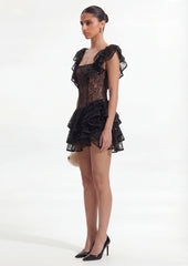 Sequined Lace Mini Dress With Ruffles