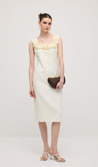 Square Neck 3D Petal Appliques Midi Dress