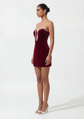 Velvet Sweetheart Neckline Mini Dress In Claret
