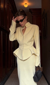 Solid Peplum Jacket & Slit Midi Skirt Set