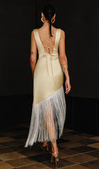 Satin Asymmetric Fringe Hem Midi Dress