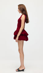 Velvet Tiered Mini Dress In Red