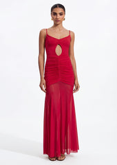 Slinky And Mesh Maxi Dress In Red