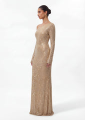 Diamante Long Sleeve Maxi Dress In Nude